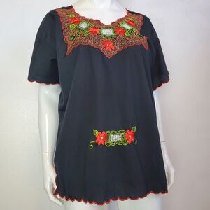 Vintage 80s Red Floral Embroidered Black Blouse